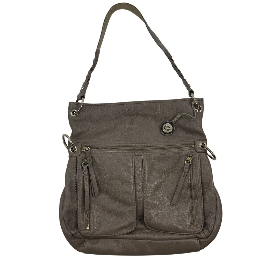 The Sak Womens Taupe Gray Pebbled Leather Braided Strap Shoulder Bag Hobo